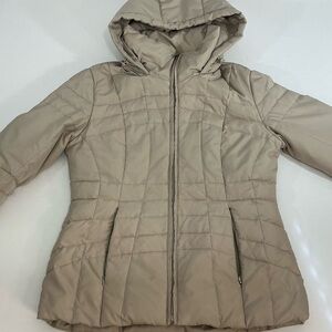 Calvin Klein Hooded Quilted Puffer Jacket in Beige Taupe